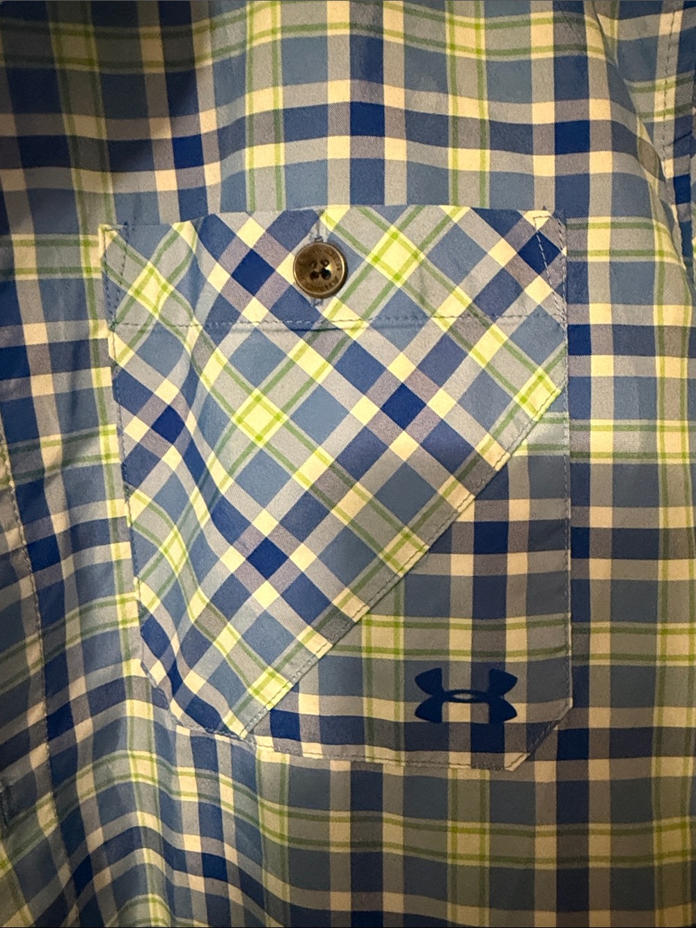 Under Armour Men's Blue and Light Green Plaid Short-Sleeve Button-Down Shirt - Picture 3 of 4